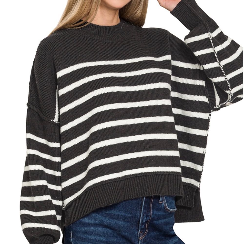 Zenana Outfitters Emerald and White Striped Crew Neck Sweater - Picture 2 of 4